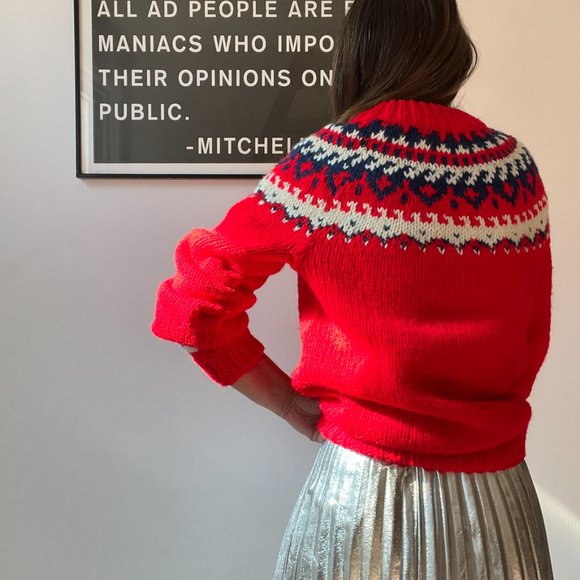 vintage red apres ski nordic sweater size medium handmade - Picture 4 of 5